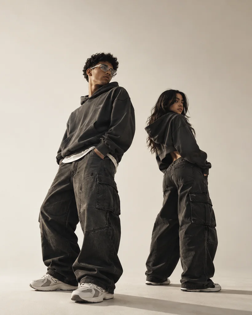 Dos modelos con buzo con capucha y pantalón cargo oscuros en un estudio claro